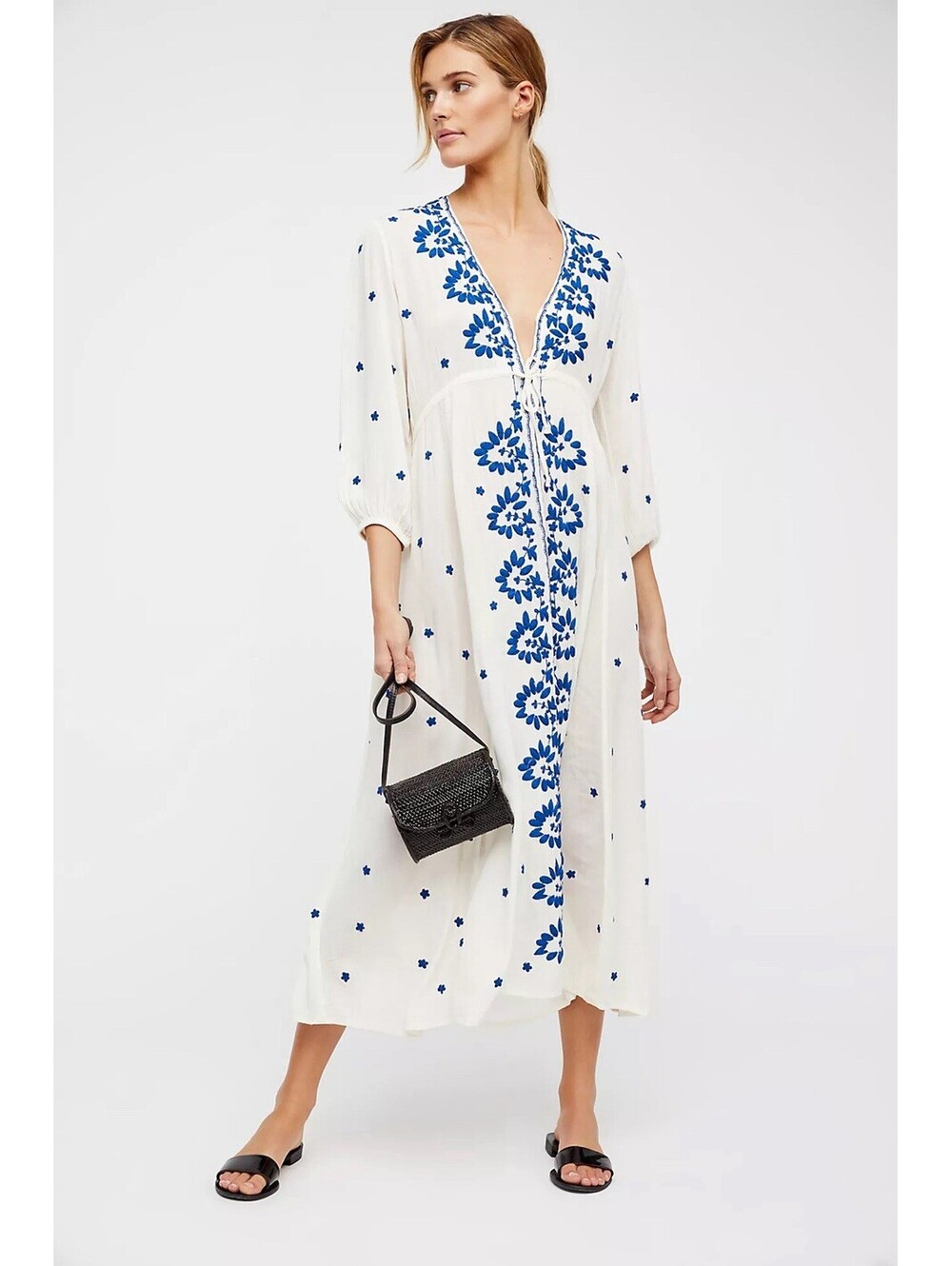 Free People Blue Cream Embroidered Fable Midi Dress Boho Folk Prairie Size XL